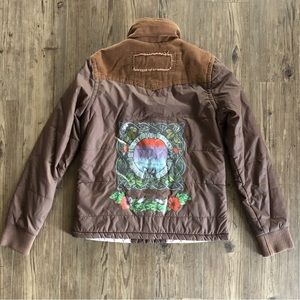 Roxy retro/vintage inspired button up jacket with corduroy & art nouveau graphic